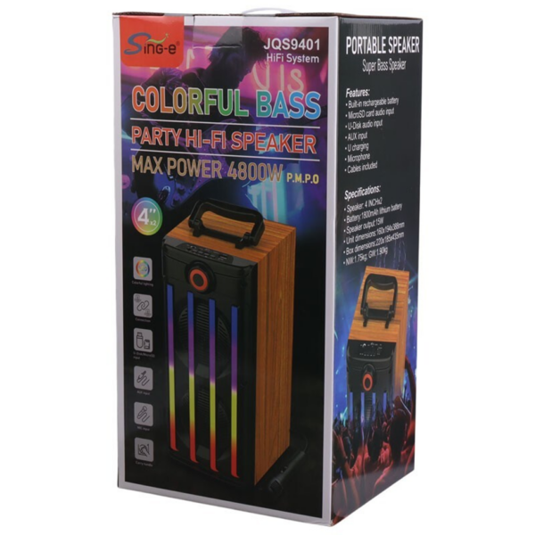 JQS9401 – Boxă Bluetooth Portabilă Outdoor cu Două Difuzoare de 4”, Stereo, Lumini RGB, Multiple Moduri de Redare